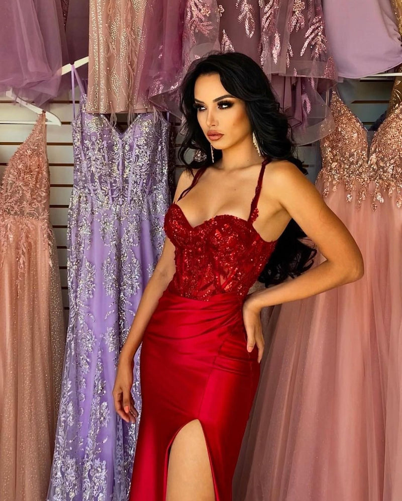 Red Long Mermaid Spaghetti Straps Satin Sleeveless Prom Dress With Slit-showprettydress