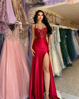 Red Long Mermaid Spaghetti Straps Satin Sleeveless Prom Dress With Slit-showprettydress