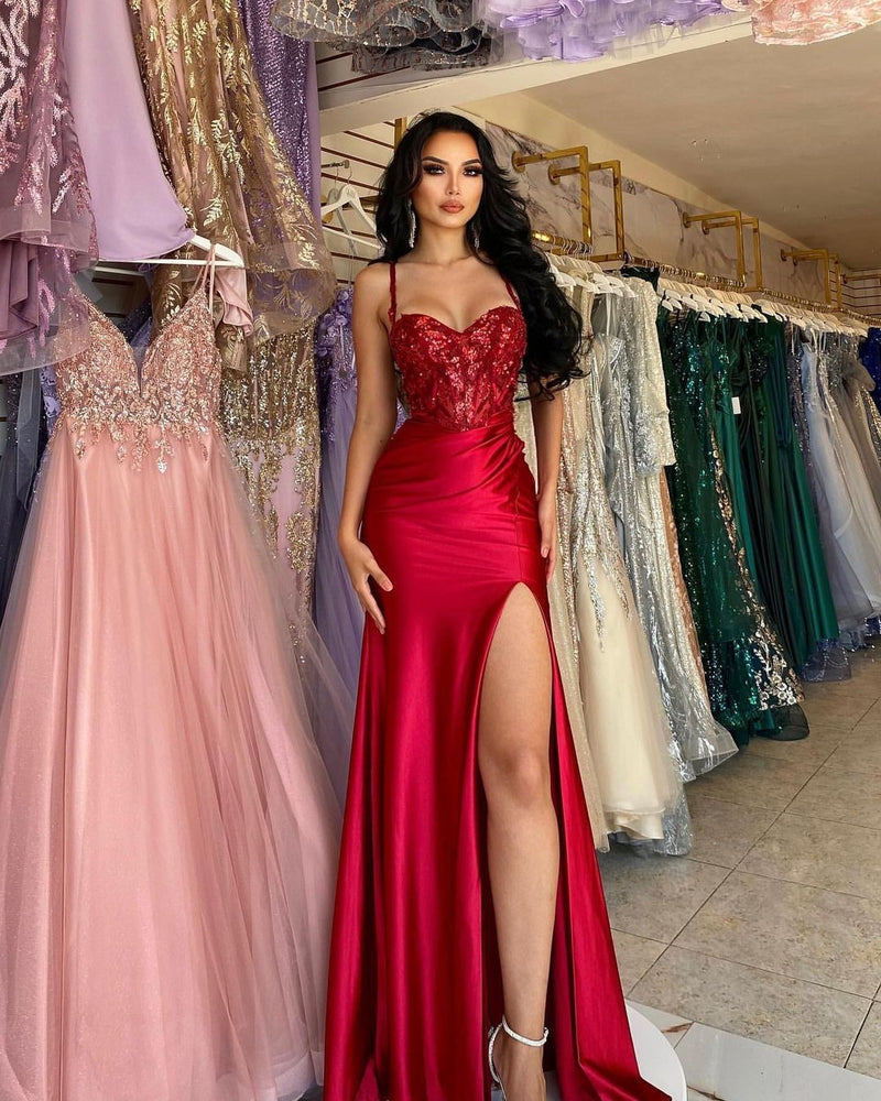 Red Long Mermaid Spaghetti Straps Satin Sleeveless Prom Dress With Slit-showprettydress