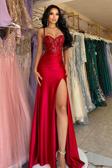 Red Long Mermaid Spaghetti Straps Satin Sleeveless Prom Dress With Slit-showprettydress