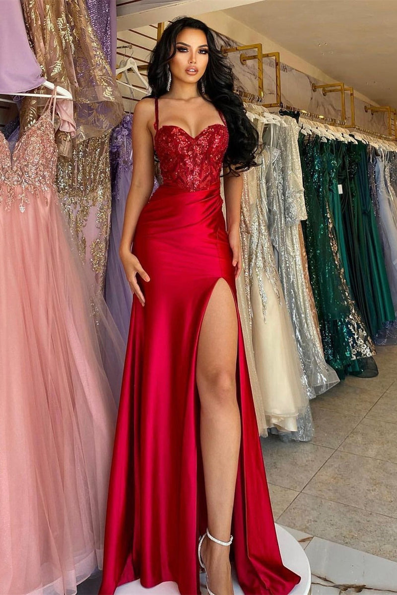 Red Long Mermaid Spaghetti Straps Satin Sleeveless Prom Dress With Slit-showprettydress