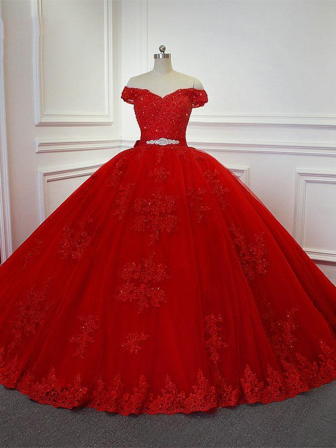 Red Long Princess Off the Shoulder Tulle Lace Wedding Dresses-showprettydress