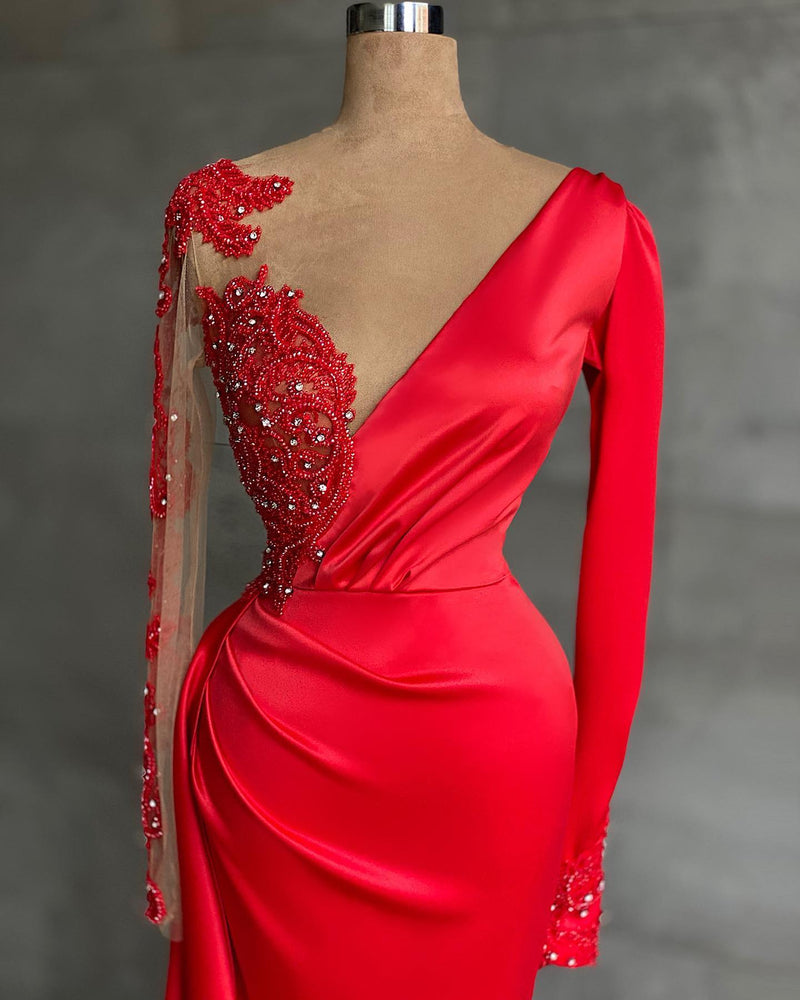 Red Long Sleeve V-Neck Mermaid Prom Dress Online With Beadings-showprettydress