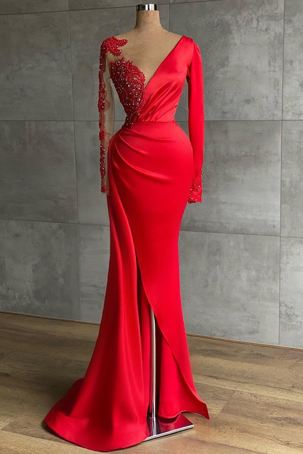 Red Long Sleeve V-Neck Mermaid Prom Dress Online With Beadings-showprettydress