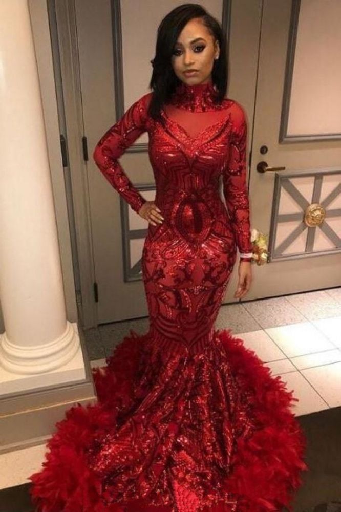 Red Mermaid Sequins Long Sleevess High Neck Prom Dresses-showprettydress