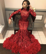 Red Mermaid Sequins Long Sleevess High Neck Prom Dresses-showprettydress