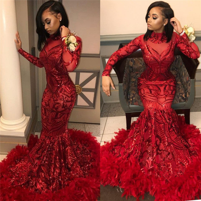 Red Mermaid Sequins Long Sleevess High Neck Prom Dresses-showprettydress