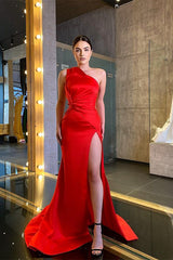 Red One Shoulder Mermaid Evening Dress Slit Long Online-showprettydress