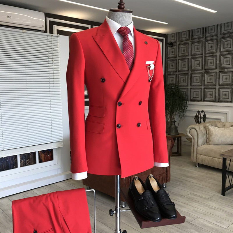 Red Peaked Lapel Double Breasted Bespoke Slim Fit Men's Prom Suits-showprettydress