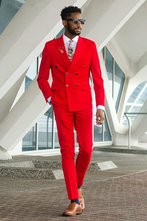 Red Peaked Lapel Double Breasted Men Suits for Prom-showprettydress