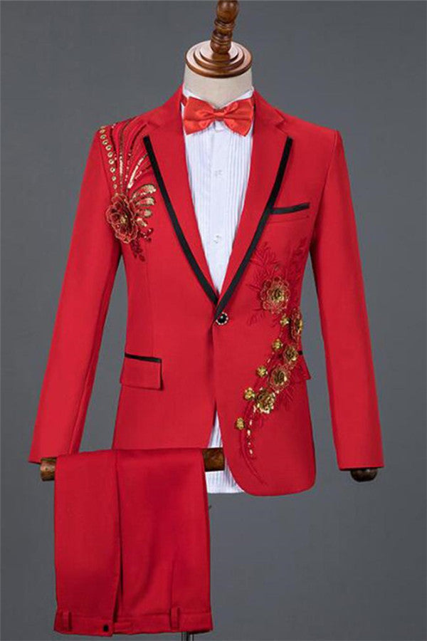 Red Sequin Embroidery Lace Floral Men Tuxedo Designer One Button Men's Prom Suits Online-showprettydress
