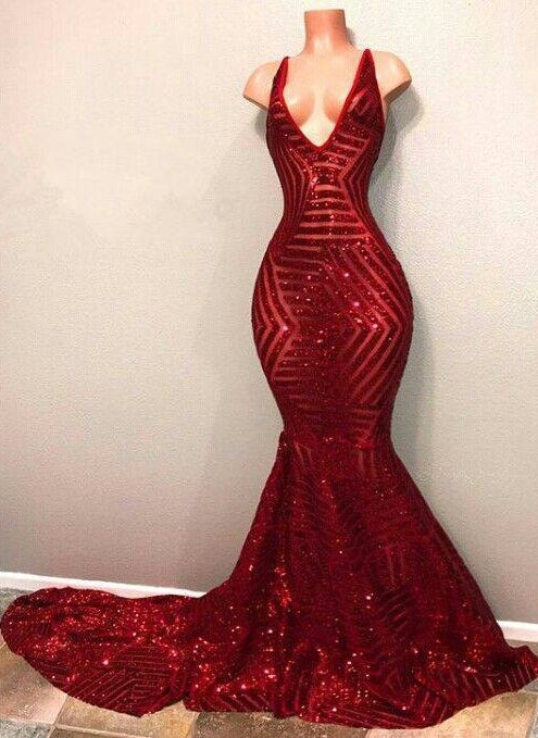 Red Sequins Shiny V-Neck Mermaid Long Prom Dresses-showprettydress