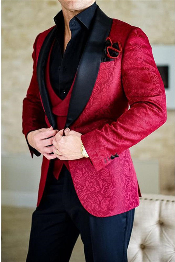 Red Shawl Lapel Jacquard Tuxedos Mens Suits Dinner Jacket 3 Pieces for Groomsman-showprettydress