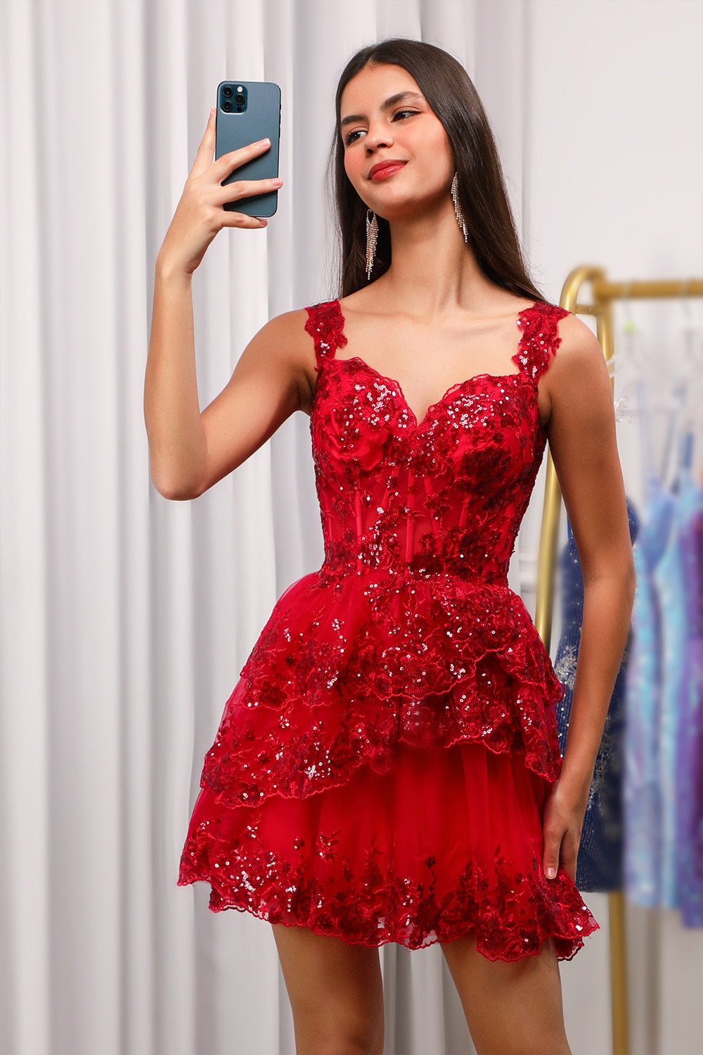 Red Sparkly Corset Tiered Lace A-Line Homecoming Dress-Showprettydress