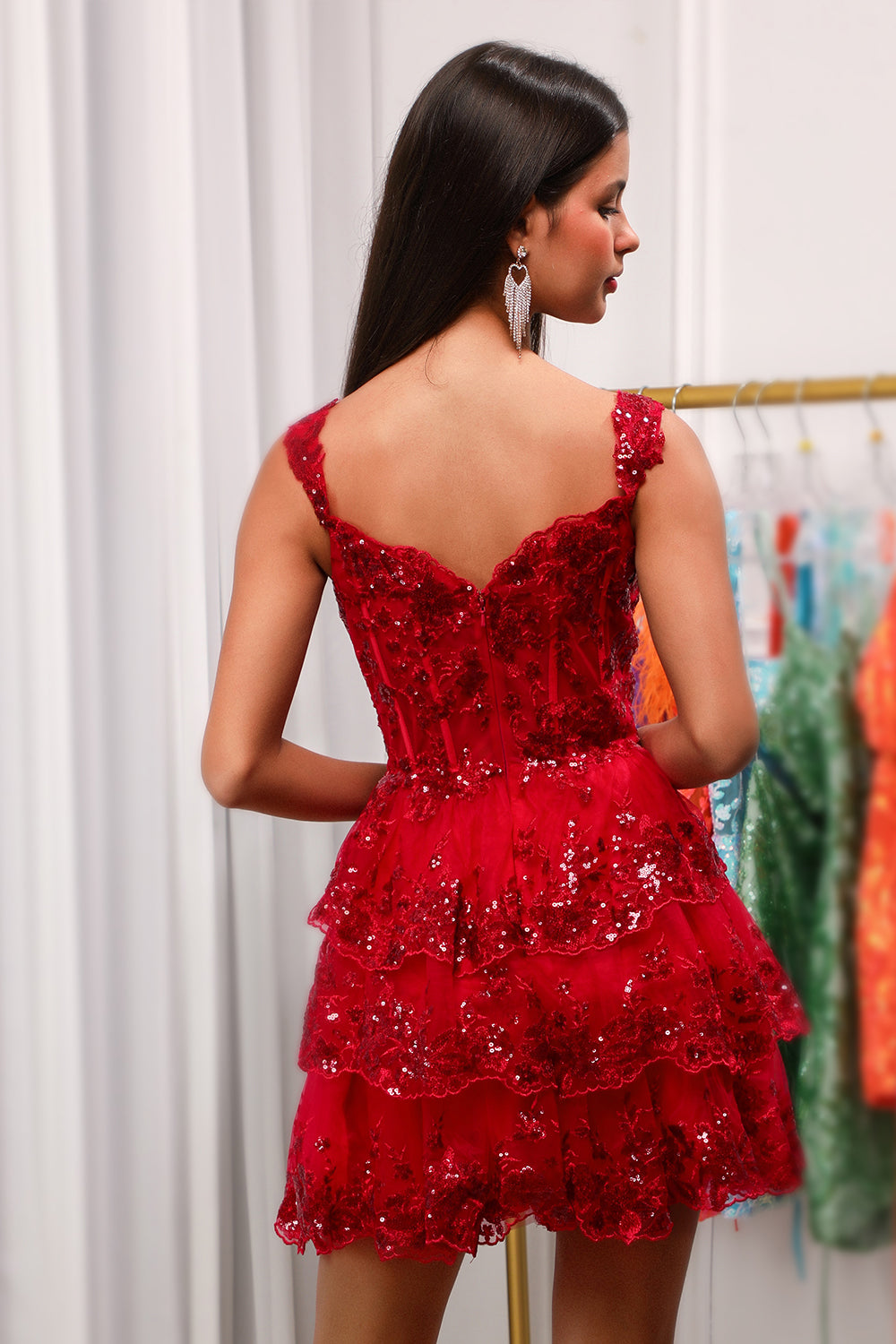 Red Sparkly Corset Tiered Lace A-Line Homecoming Dress-Showprettydress