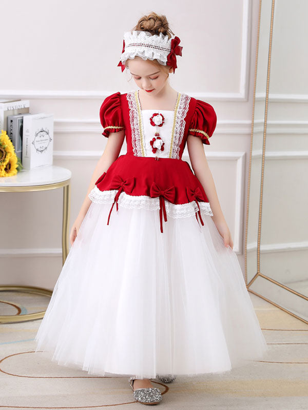 Red Square Neck Short Sleeves Ankle-Length Princess Tulle Flowers Kids Party Dresses-showprettydress