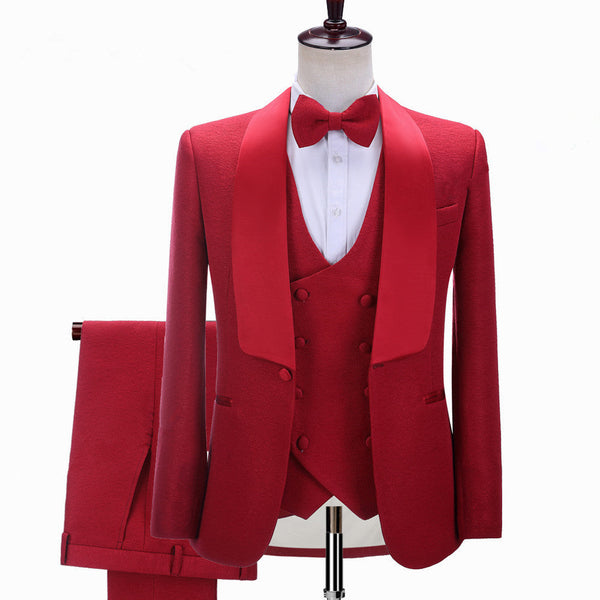 Red Three-piece Shawl Lapel Slim Fit Wedding Suits-showprettydress