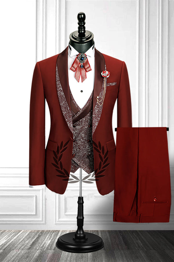 Red Three-piece Stitching Lapel Custom design Double Breasted Waistcoat Men Formal Suit-showprettydress