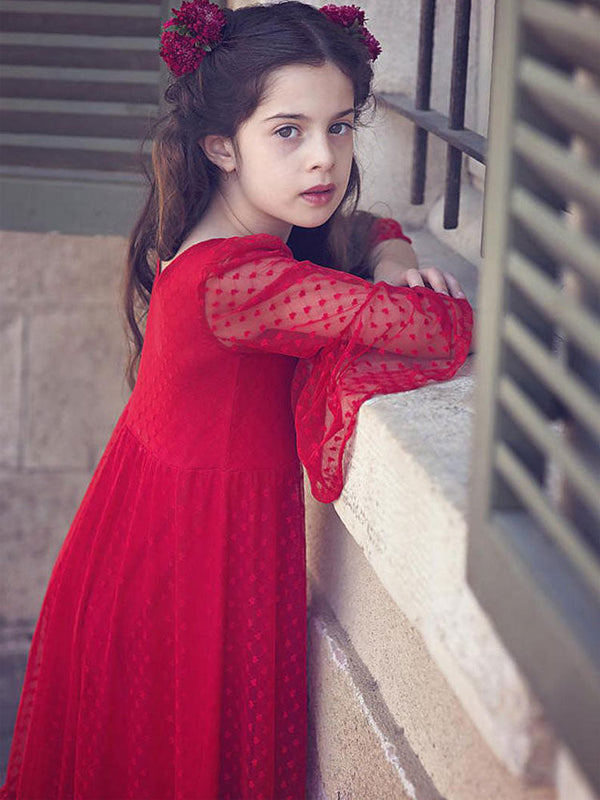 Red V-Neck Polyester Long Sleeves Ankle-Length A-Line Lace Formal Kids Pageant flower girl dresses-showprettydress