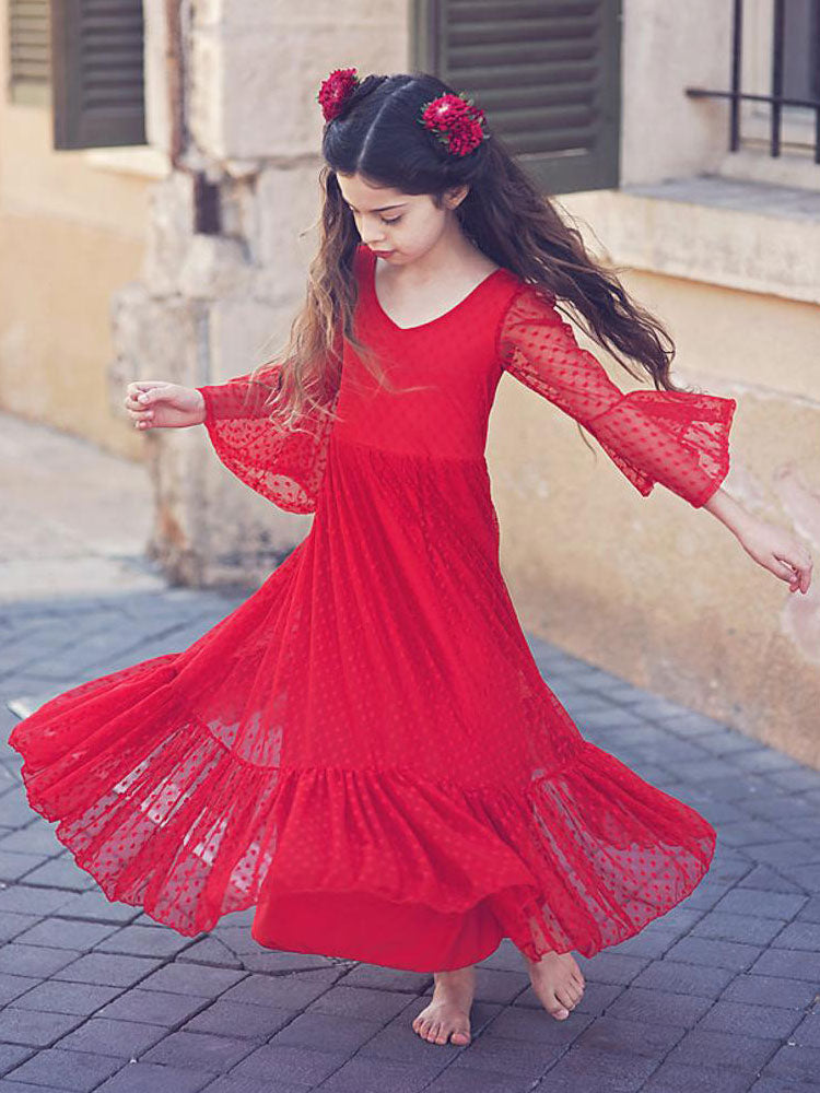 Red V-Neck Polyester Long Sleeves Ankle-Length A-Line Lace Formal Kids Pageant flower girl dresses-showprettydress