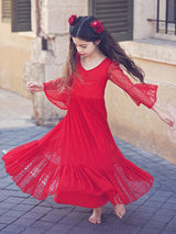 Red V-Neck Polyester Long Sleeves Ankle-Length A-Line Lace Formal Kids Pageant flower girl dresses-showprettydress