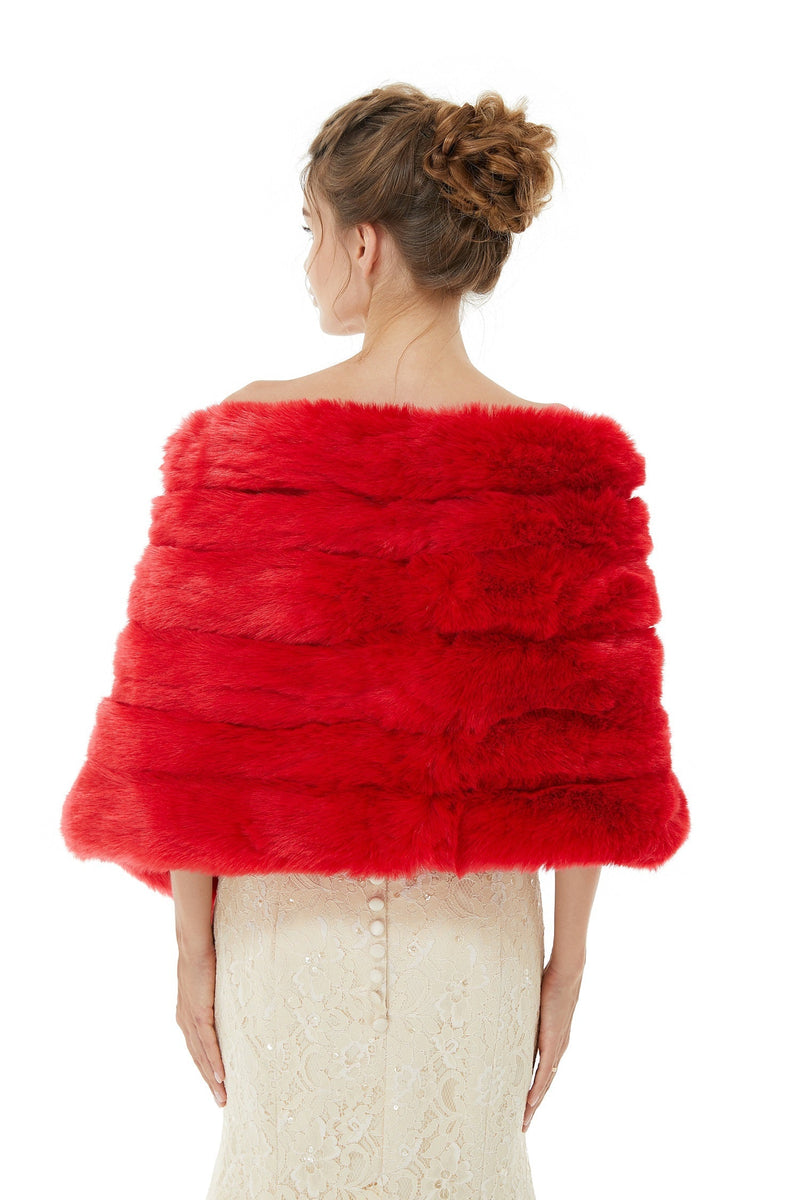 Red Wedding Shawl Faux Fur Stole Fluffy Bridal Wrap Shrug-showprettydress