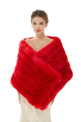 Red Wedding Shawl Faux Fur Stole Fluffy Bridal Wrap Shrug-showprettydress