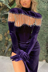 Regency Long Sleeves Mermaid High Neck Velvet Prom Dress With Slit-showprettydress
