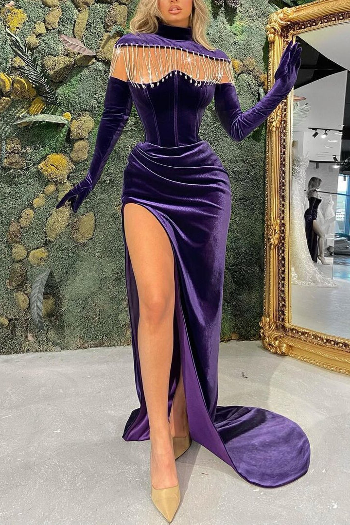Regency Long Sleeves Mermaid High Neck Velvet Prom Dress With Slit-showprettydress