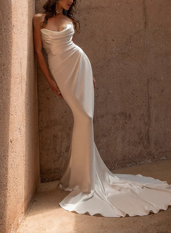 Retro style Trumpet Mermaid Fitted Cowl Neck Silk Like Satin Wedding Dresses-Showprettydress
