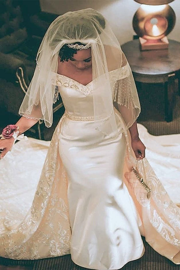Retro White Off the shoulder Mermaid Wedding Dresses with Overskirt-showprettydress