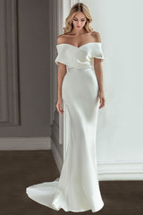 Retro White Wedding Dress With Train Satin Off The Shoulder Pleated Mermaid Bridal Gowns-showprettydress