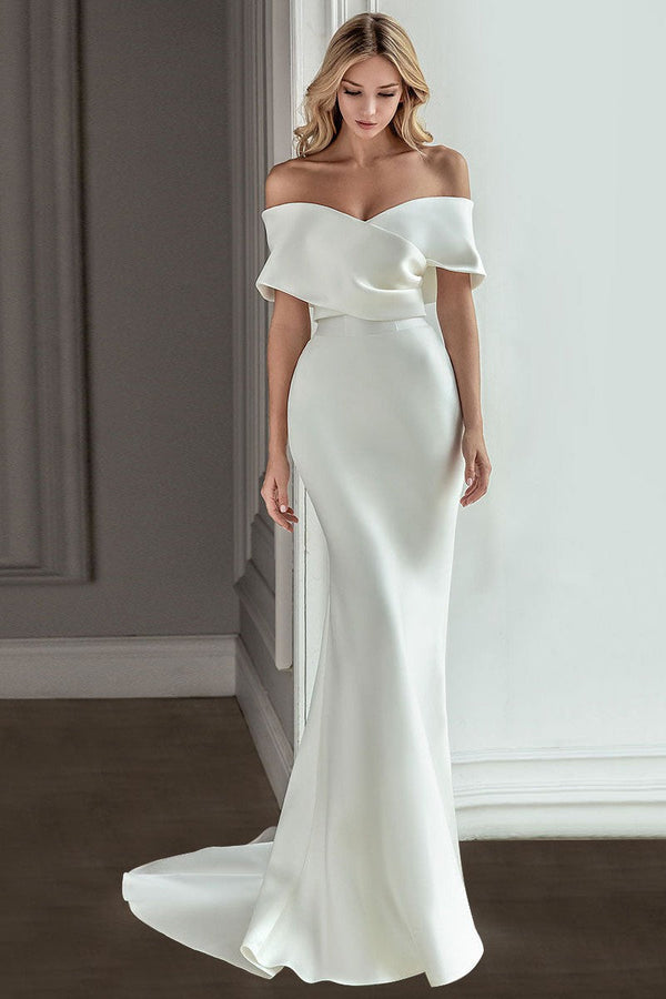 Retro White Wedding Dress With Train Satin Off The Shoulder Pleated Mermaid Bridal Gowns-showprettydress