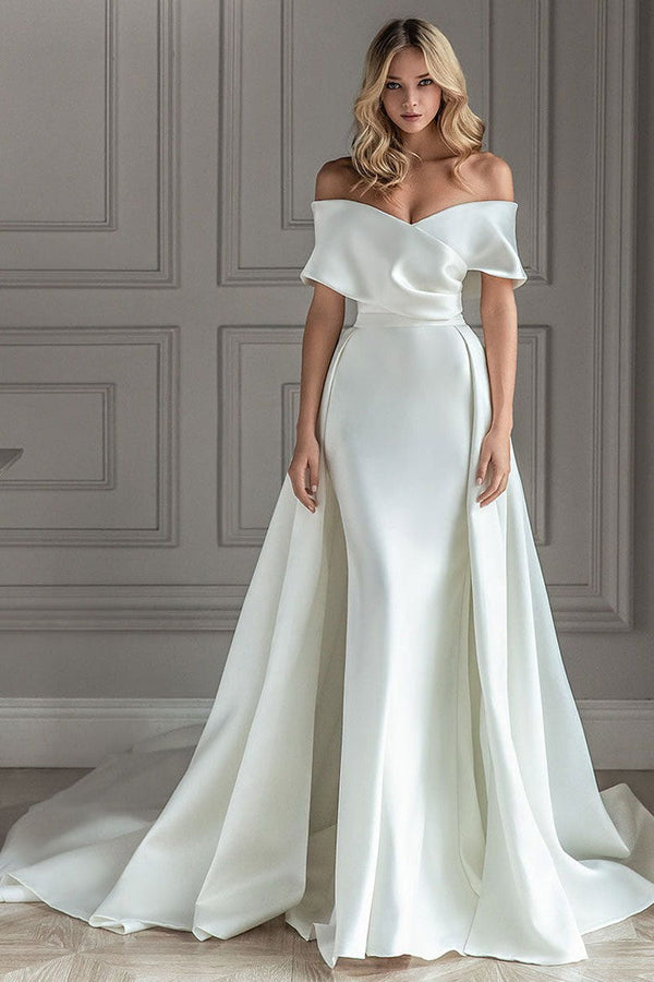 Retro White Wedding Dress With Train Satin Off The Shoulder Pleated Mermaid Bridal Gowns-showprettydress