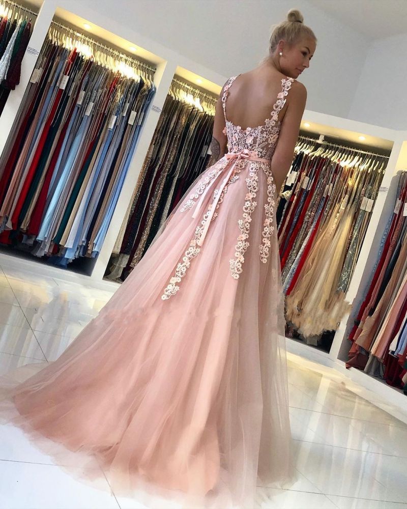 Romantic Dusty Pink Sleeveless Lace Straps A-line Evening Dress-showprettydress