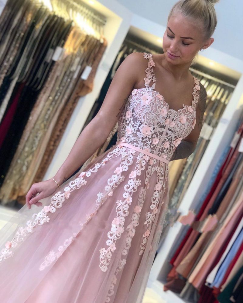 Romantic Dusty Pink Sleeveless Lace Straps A-line Evening Dress-showprettydress