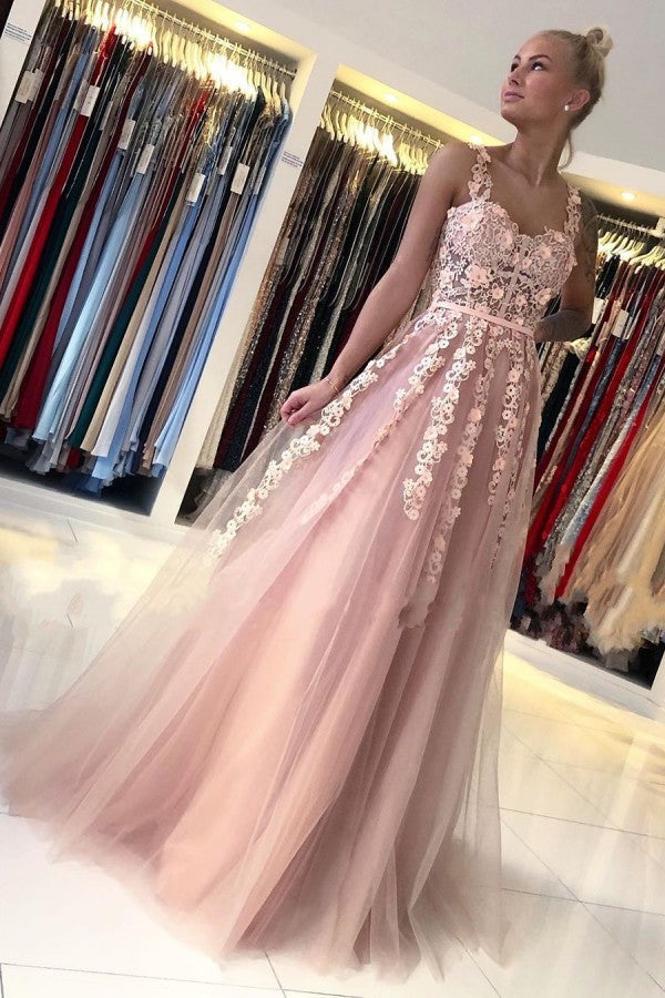 Romantic Dusty Pink Sleeveless Lace Straps A-line Evening Dress-showprettydress