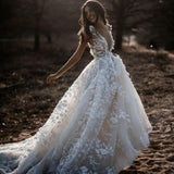 Romantic Ivory Lace Floor length A line Puffy Princess Wedding Dress-showprettydress
