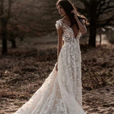 Romantic Ivory Lace Floor length A line Puffy Princess Wedding Dress-showprettydress