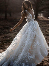 Romantic Ivory Lace Floor length A line Puffy Princess Wedding Dress-showprettydress
