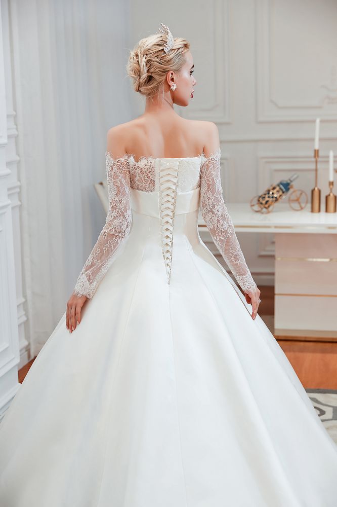 Romantic Lace Long Sleevess Princess Satin Wedding Dress-showprettydress