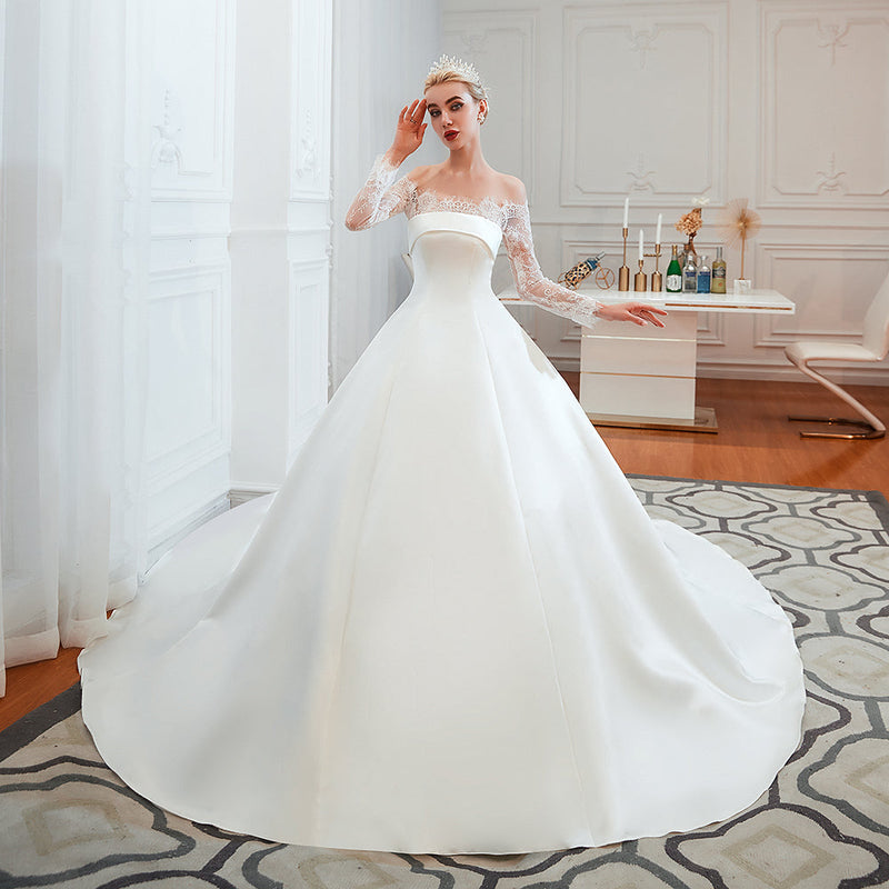 Romantic Lace Long Sleevess Princess Satin Wedding Dress-showprettydress