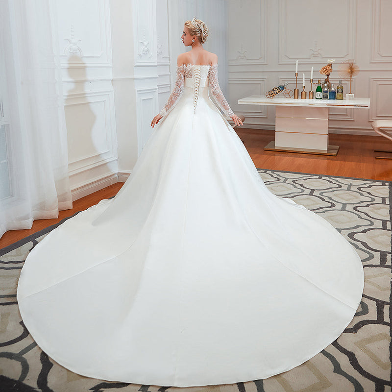 Romantic Lace Long Sleevess Princess Satin Wedding Dress-showprettydress