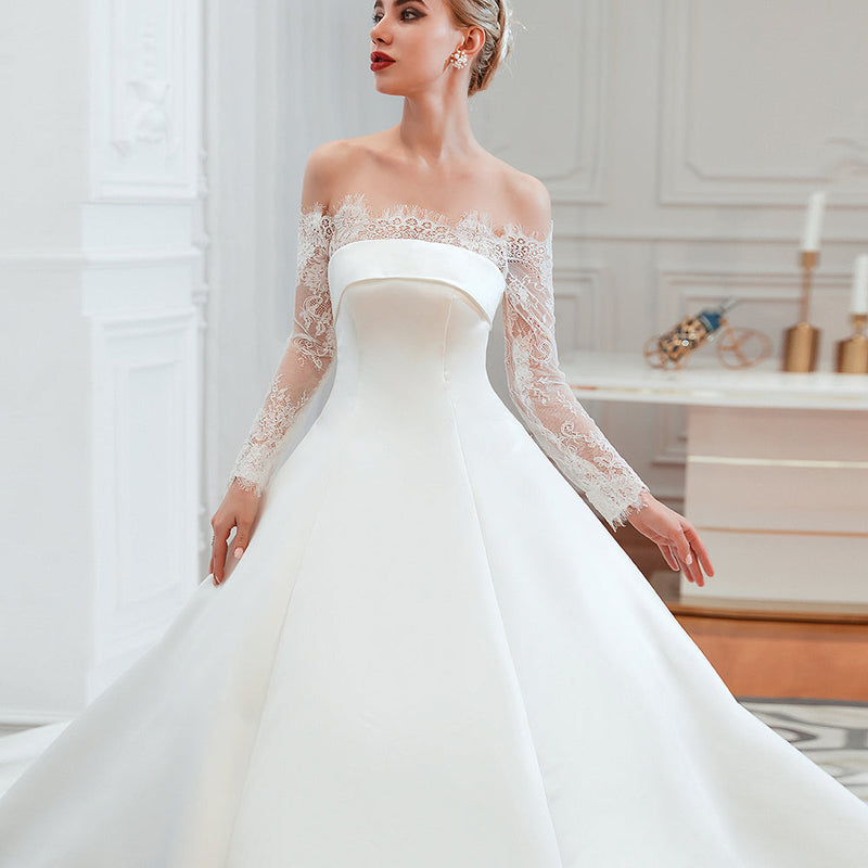 Romantic Lace Long Sleevess Princess Satin Wedding Dress-showprettydress