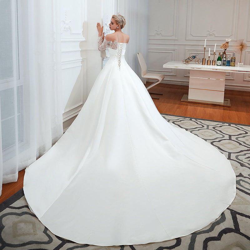 Romantic Lace Long Sleevess Princess Satin Wedding Dress-showprettydress