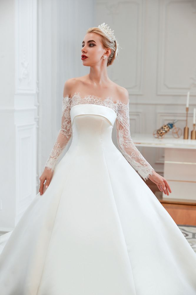 Romantic Lace Long Sleevess Princess Satin Wedding Dress-showprettydress