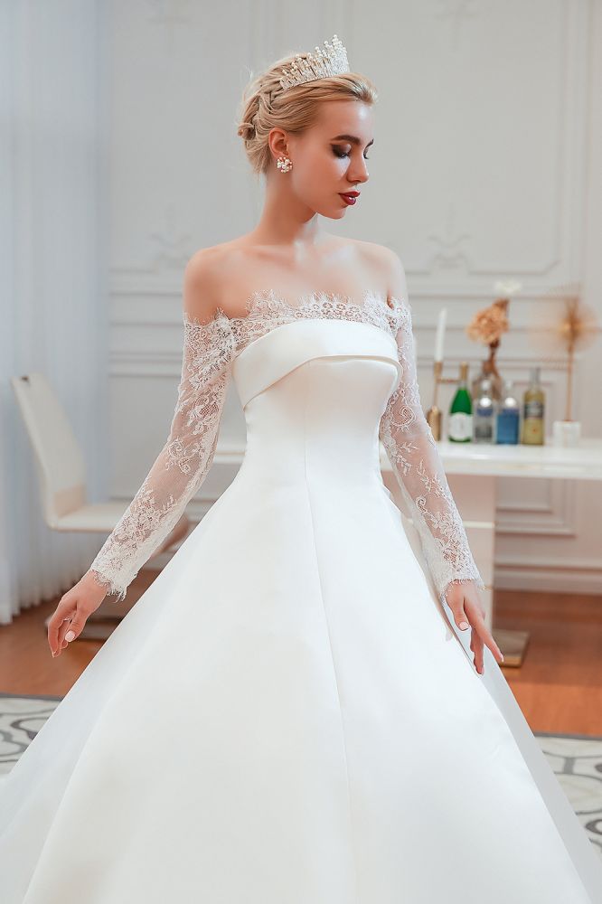 Romantic Lace Long Sleevess Princess Satin Wedding Dress-showprettydress
