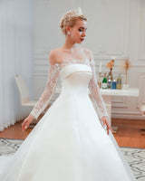 Romantic Lace Long Sleevess Princess Satin Wedding Dress-showprettydress