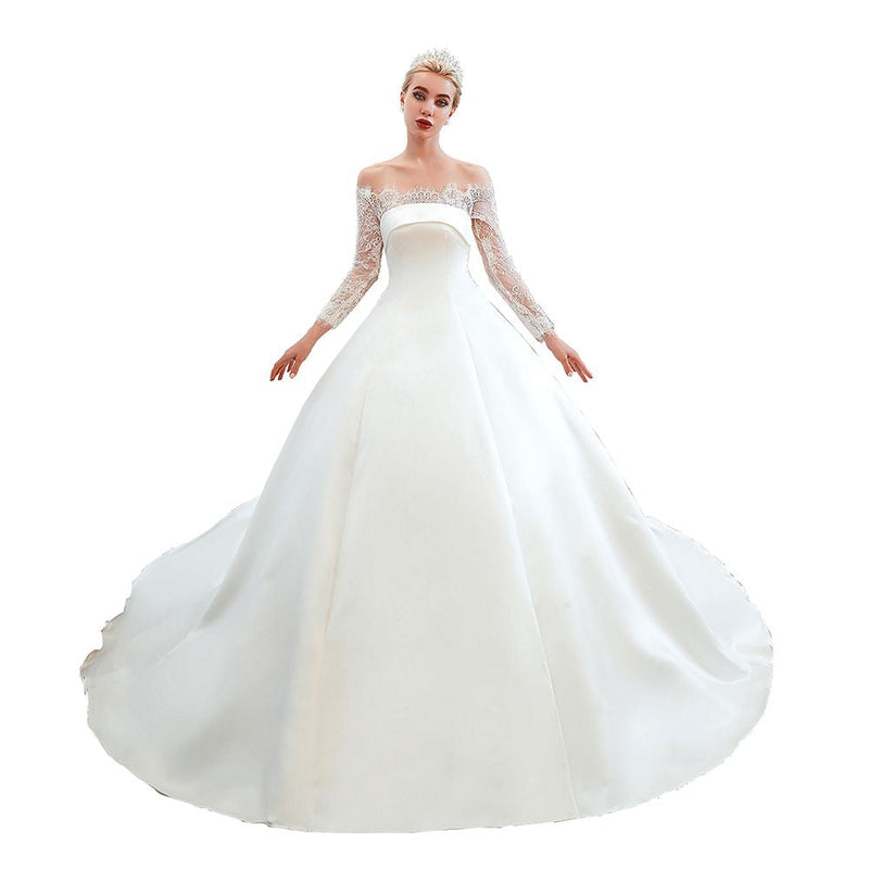 Romantic Lace Long Sleevess Princess Satin Wedding Dress-showprettydress