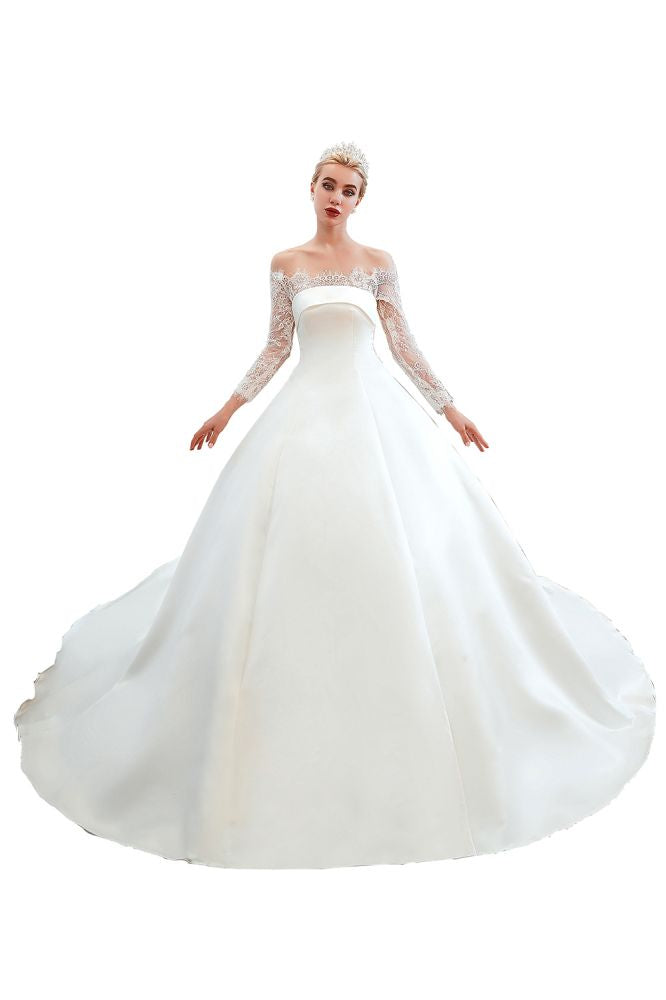 Romantic Lace Long Sleevess Princess Satin Wedding Dress-showprettydress